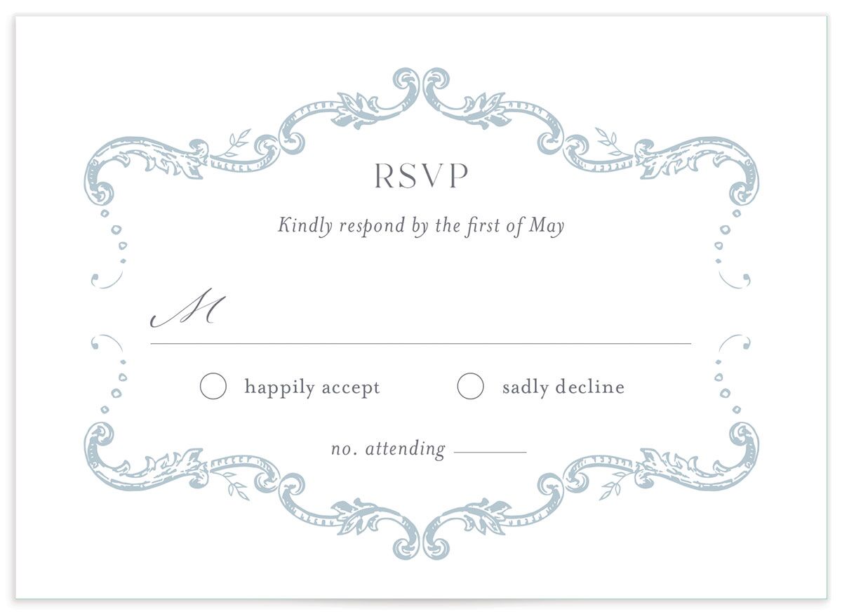 Rococo Adornment Wedding Response Cards front in French Blue