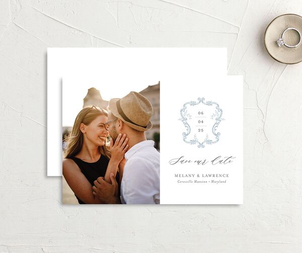 Rococo Adornment Save the Date Cards front-and-back in French Blue