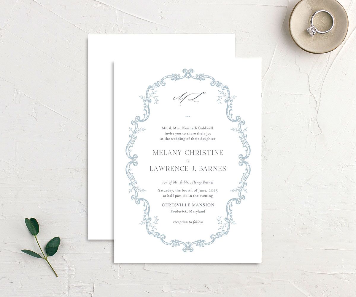 Rococo Adornment Wedding Invitations front-and-back in French Blue