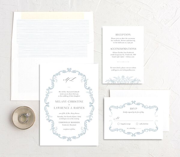 Rococo Adornment Wedding Invitations suite in French Blue