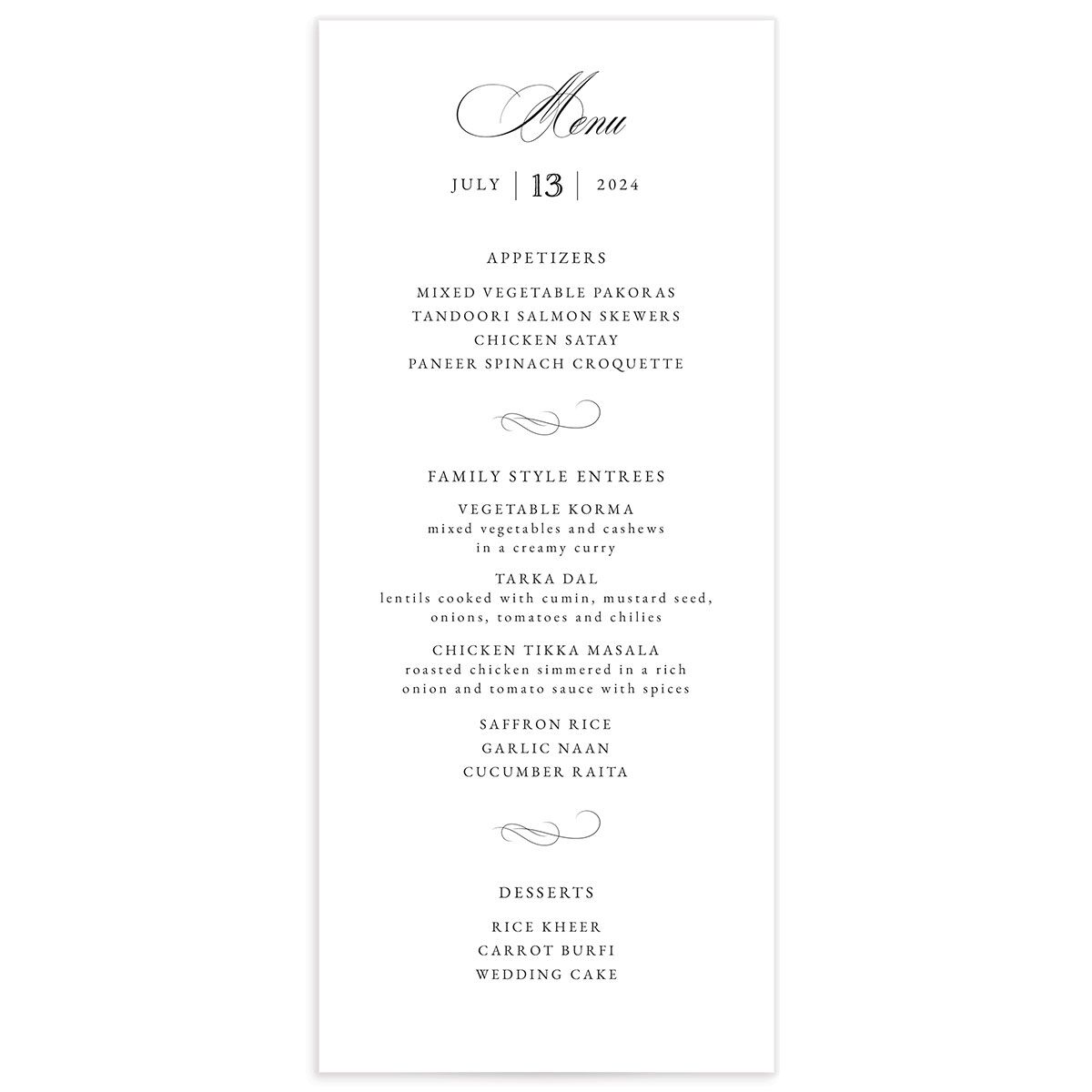 Traditional Elegance Menus front in Pure White
