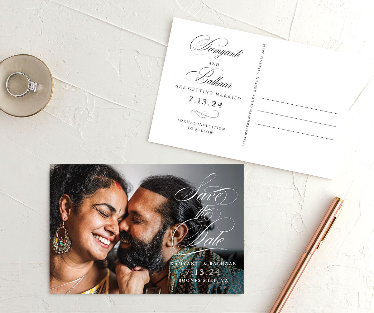 Traditional Elegance Save the Date Postcards front-and-back in White