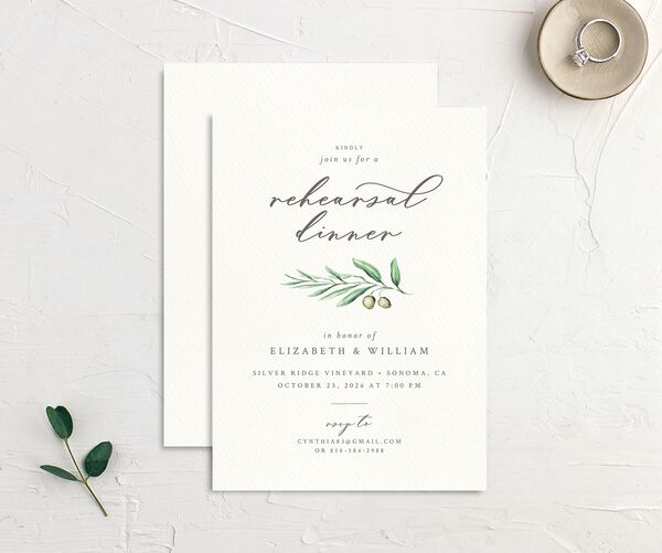 Blissful Vineyards Rehearsal Dinner Invitations front-and-back in Jewel Green