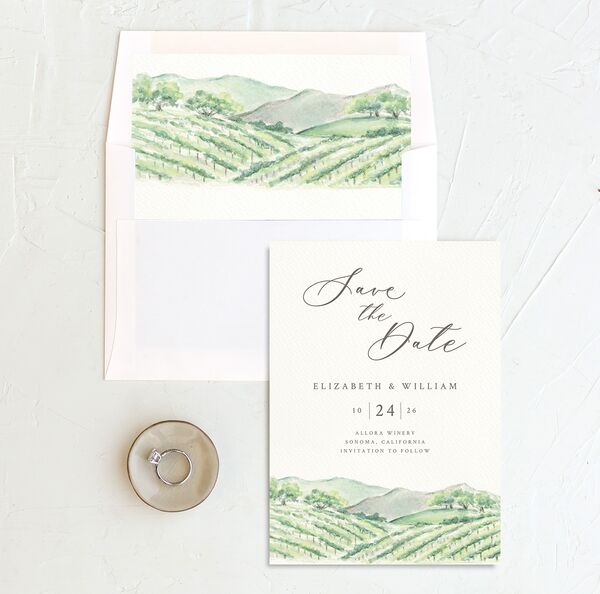 Blissful Vineyards Save the Date Cards envelope-and-liner in Jewel Green