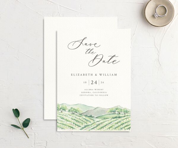 Blissful Vineyards Save the Date Cards front-and-back in Jewel Green
