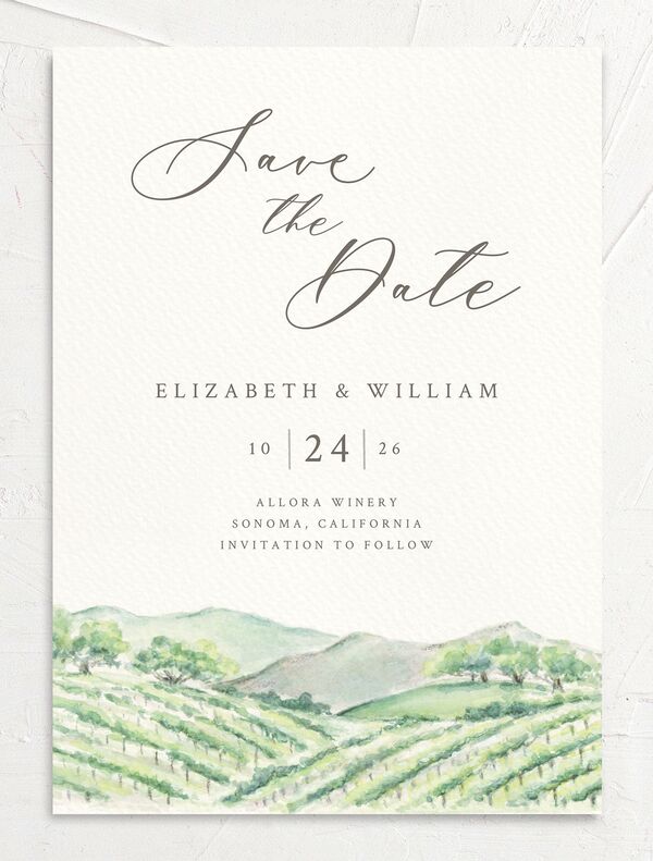 Blissful Vineyards Save the Date Cards front in Jewel Green