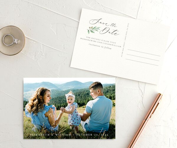 Blissful Vineyards Save the Date Postcards front-and-back in Jewel Green