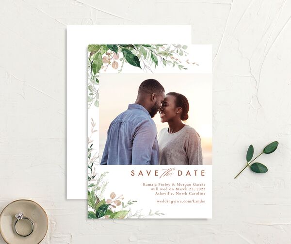 Wild Botanicals Save the Date Cards front-and-back in Rose Pink