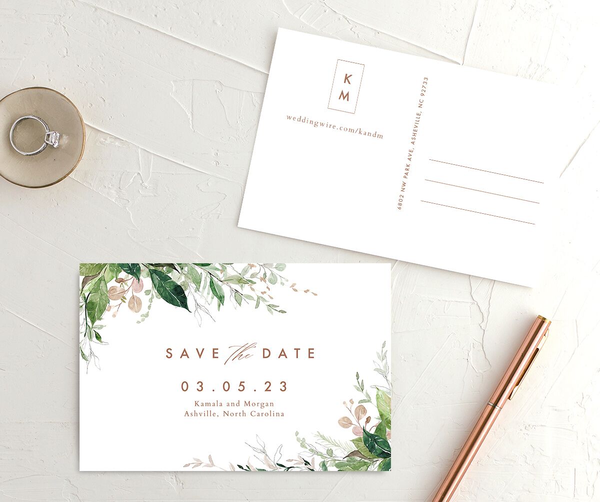 Wild Botanicals Save the Date Postcards front-and-back in Rose Pink