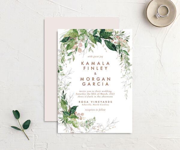 Wild Botanicals Wedding Invitations front-and-back in Rose Pink