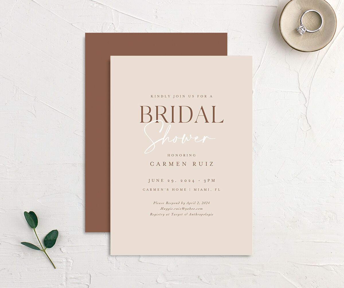 Understated Elegance Bridal Shower Invitations front-and-back in Walnut