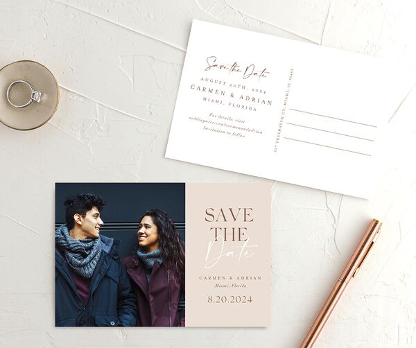 Understated Elegance Save the Date Postcards front-and-back in Walnut