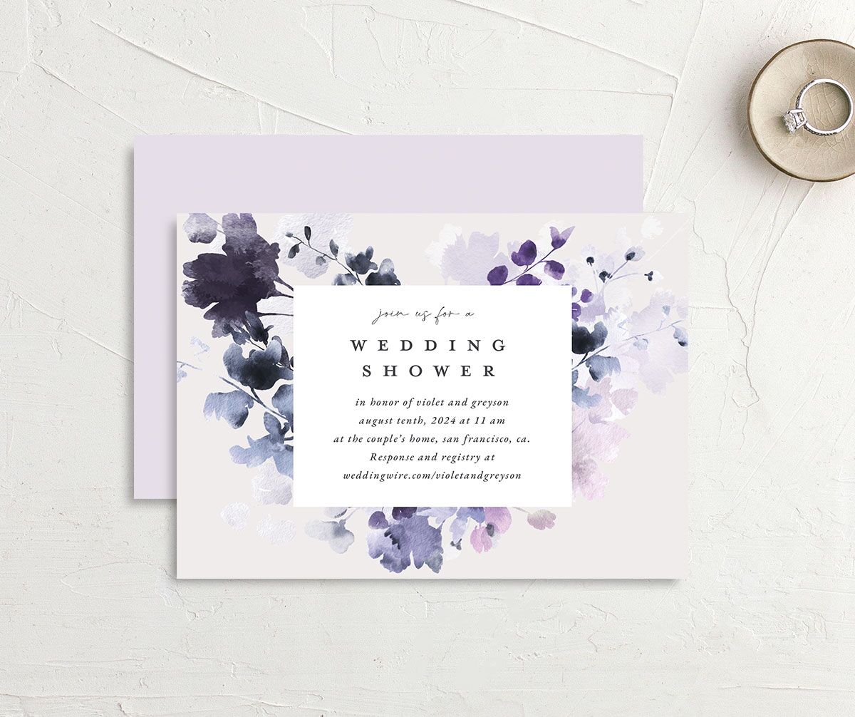 Dreamy Bouquet Bridal Shower Invitations front-and-back in Jewel Purple