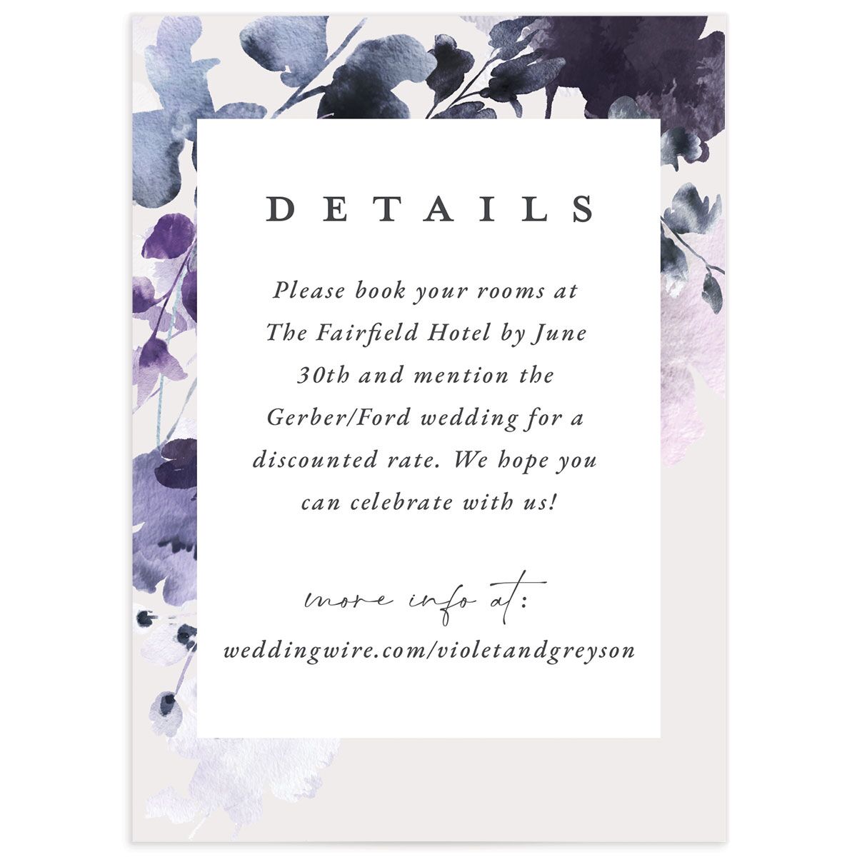 Dreamy Bouquet Wedding Enclosure Cards front in Jewel Purple
