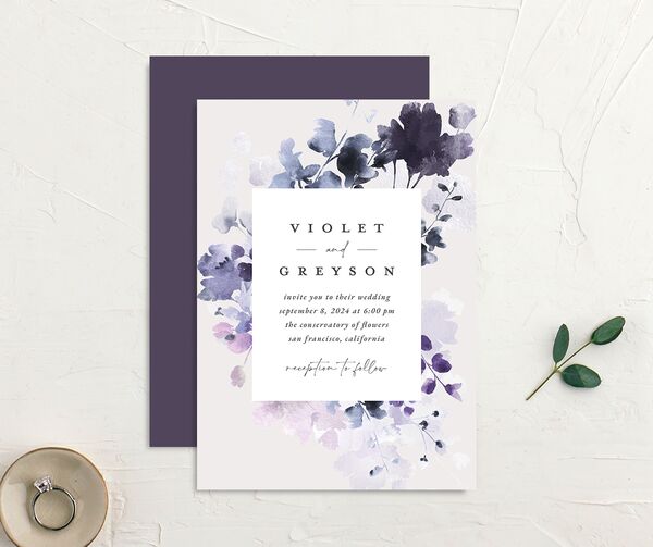Dreamy Bouquet Wedding Invitations front-and-back in Jewel Purple