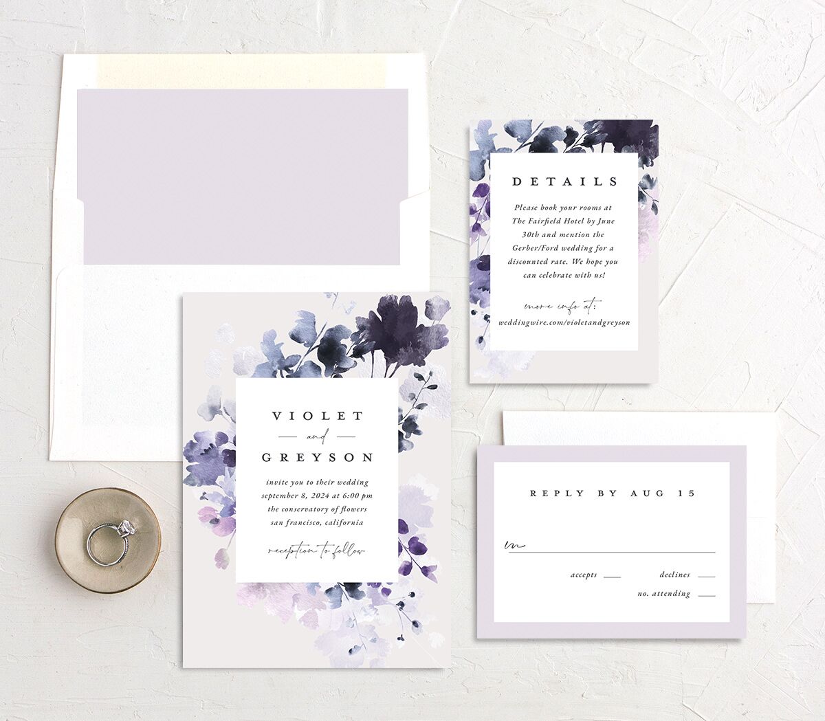 Dreamy Bouquet Wedding Invitations suite in Jewel Purple