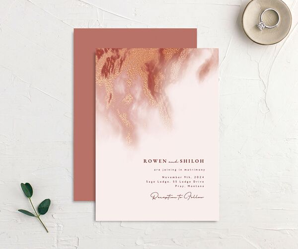 Vibrant Abstract Wedding Invitations front-and-back in Rose Pink