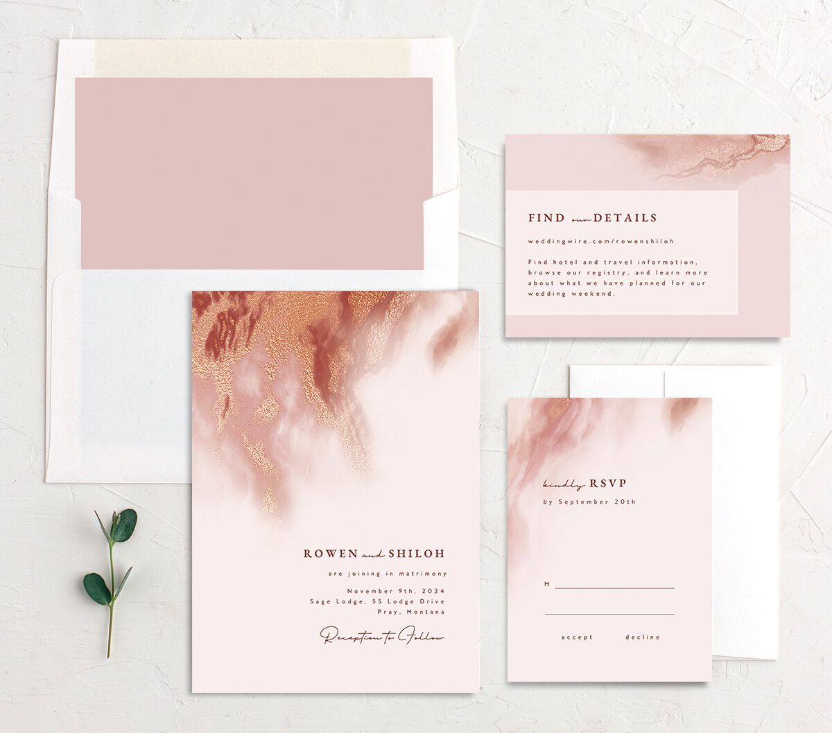 Vibrant Abstract Wedding Invitations suite in Rose Pink