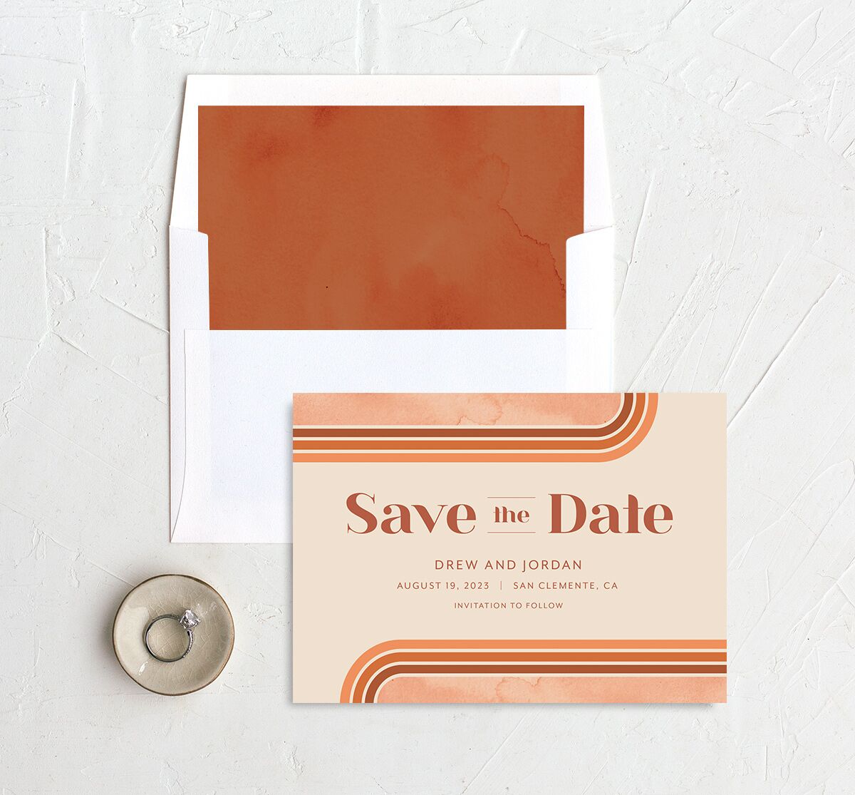 Vintage Lines Save the Date Cards envelope-and-liner in Pumpkin