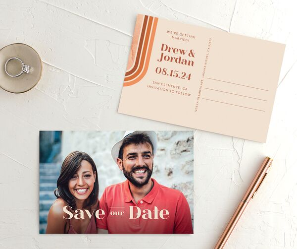 Vintage Lines Save the Date Postcards front-and-back in Pumpkin