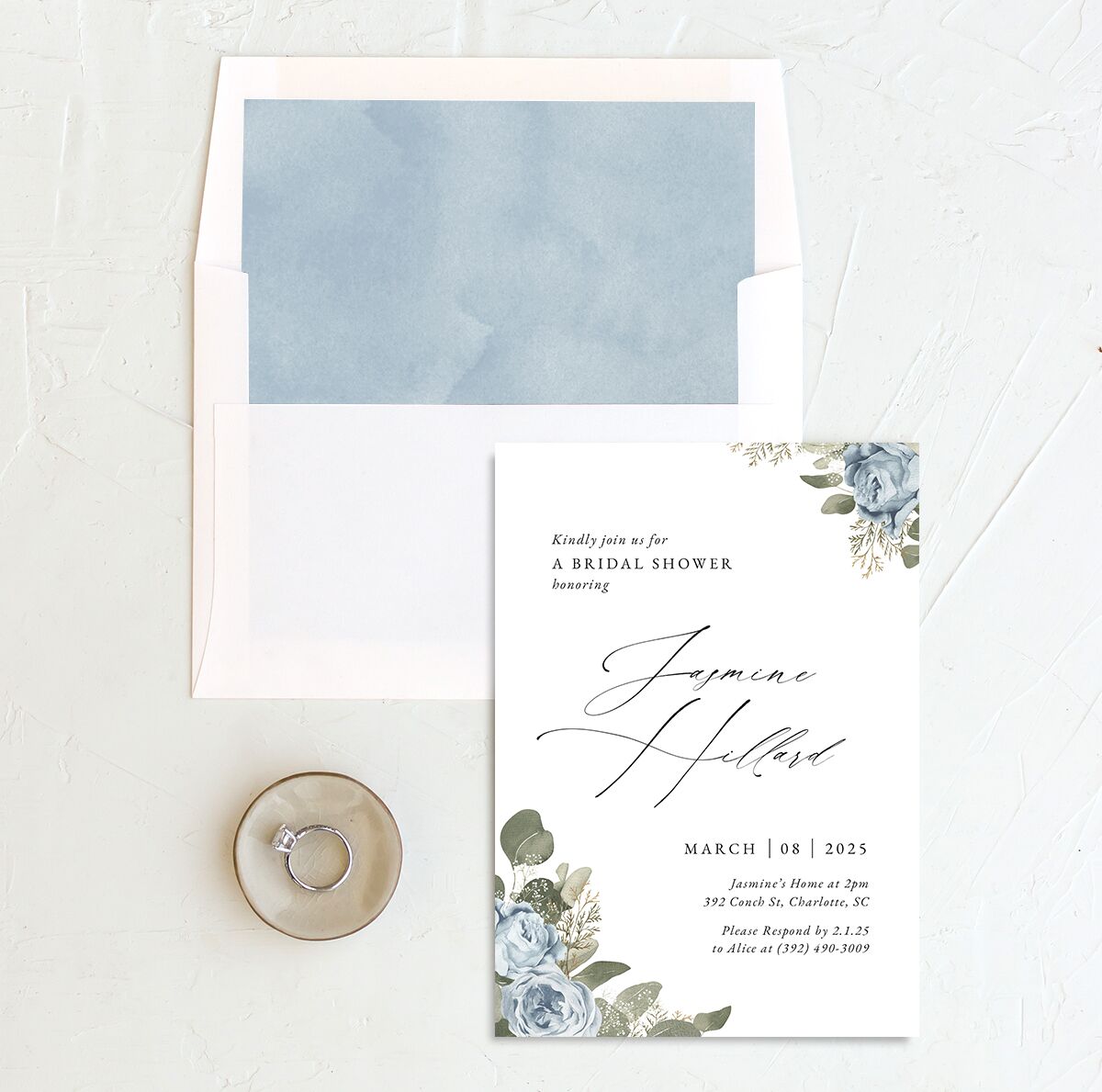 Vibrant Roses Bridal Shower Invitations envelope-and-liner in French Blue