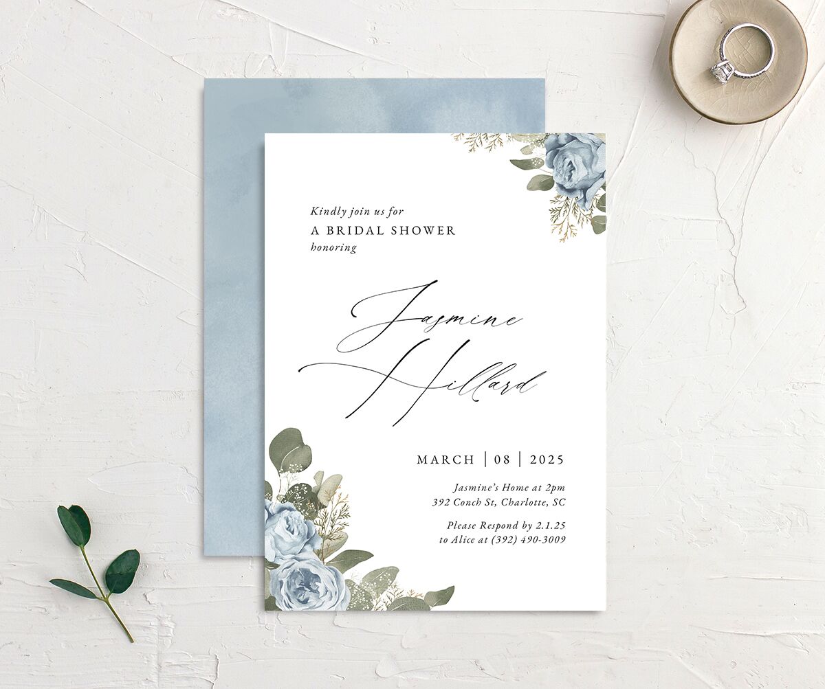 Vibrant Roses Bridal Shower Invitations front-and-back in French Blue