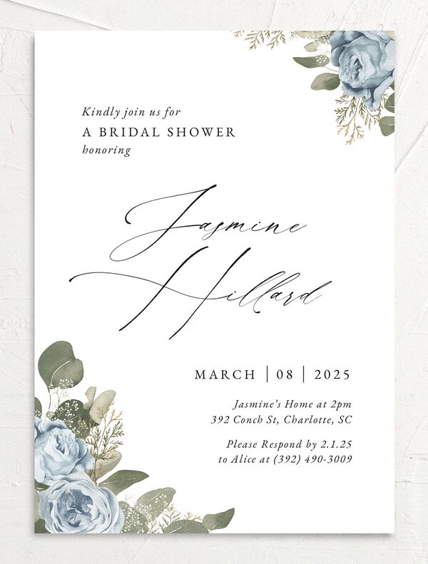Vibrant Roses Bridal Shower Invitations front in French Blue
