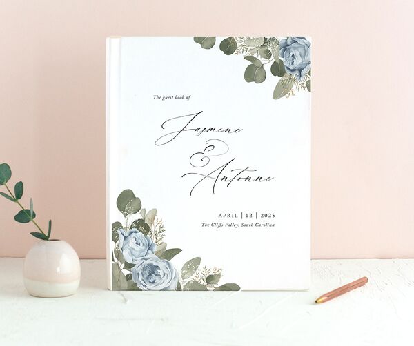 Vibrant Roses Wedding Guest Book front in French Blue