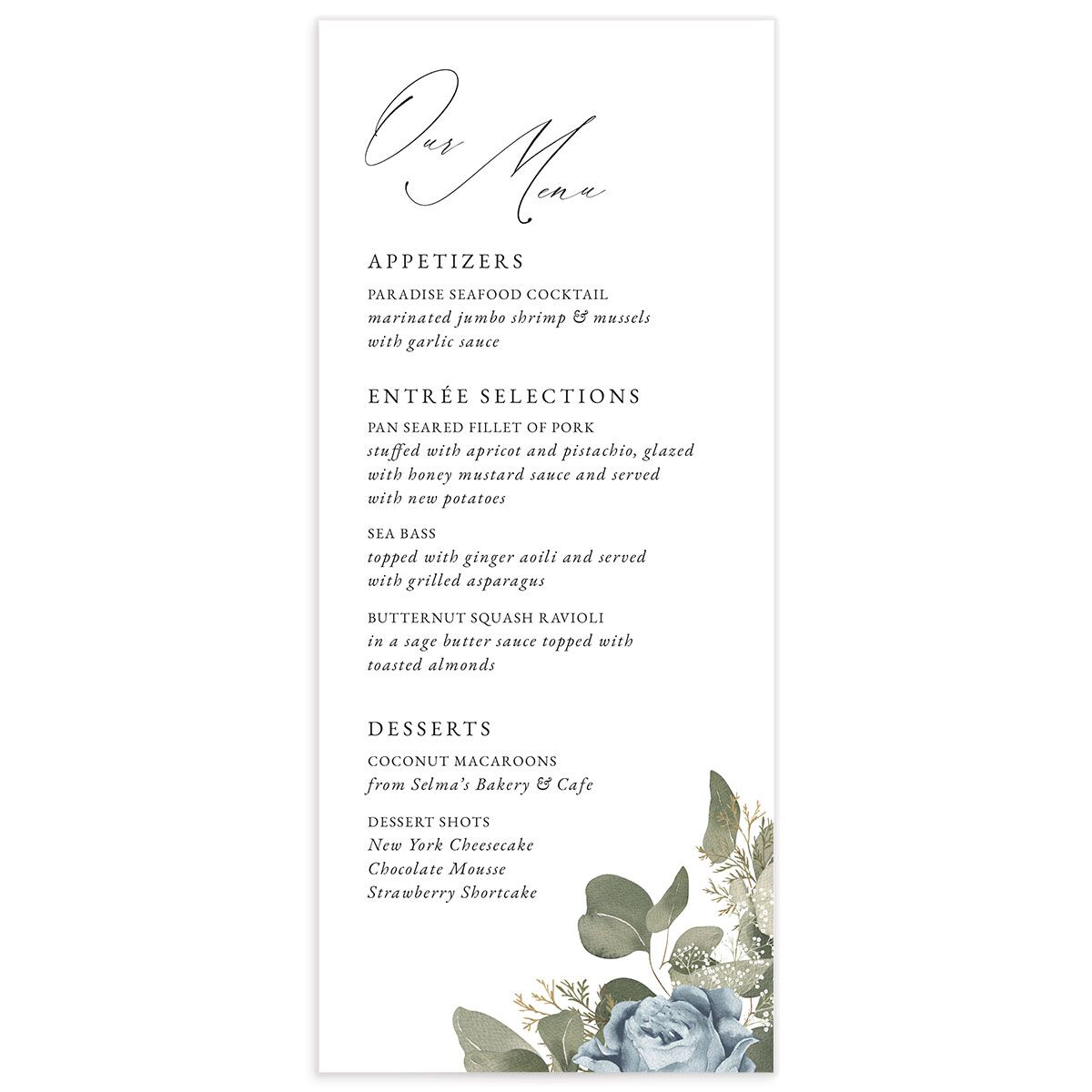 Vibrant Roses Menus front in French Blue