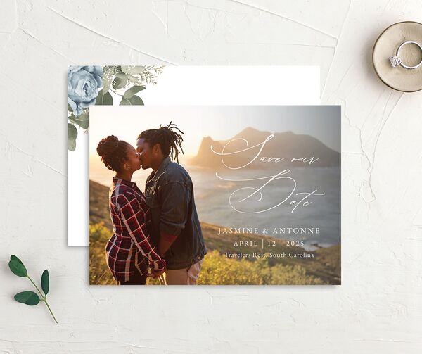 Vibrant Roses Save the Date Cards front-and-back in French Blue