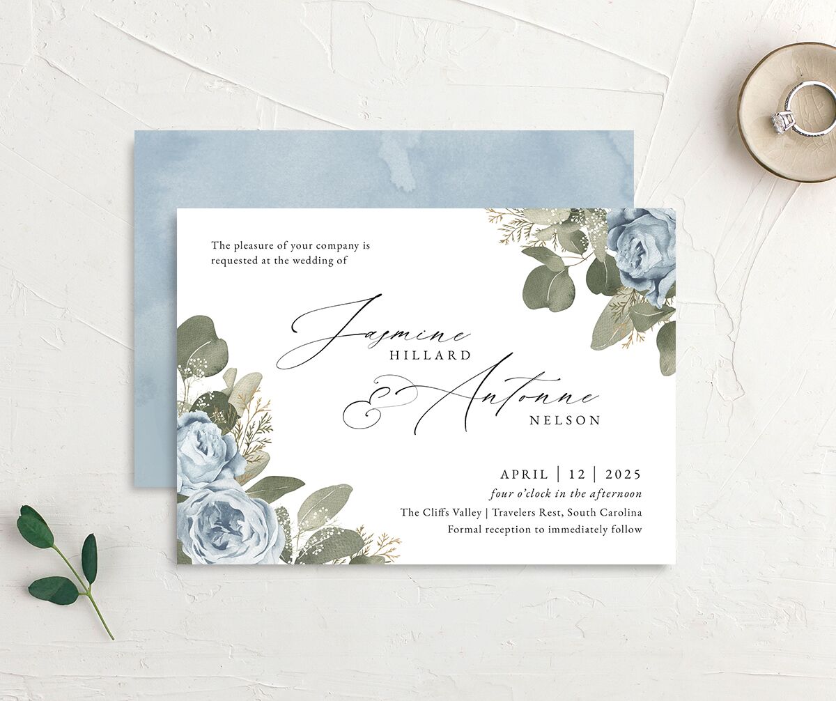 Vibrant Roses Wedding Invitations front-and-back in French Blue