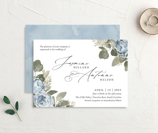 Vibrant Roses Wedding Invitations front-and-back in French Blue