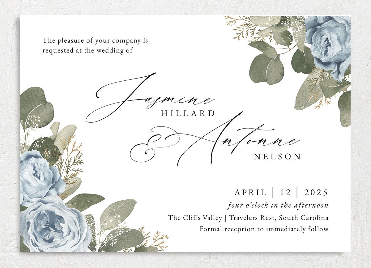 Vibrant Roses Wedding Invitations front in French Blue