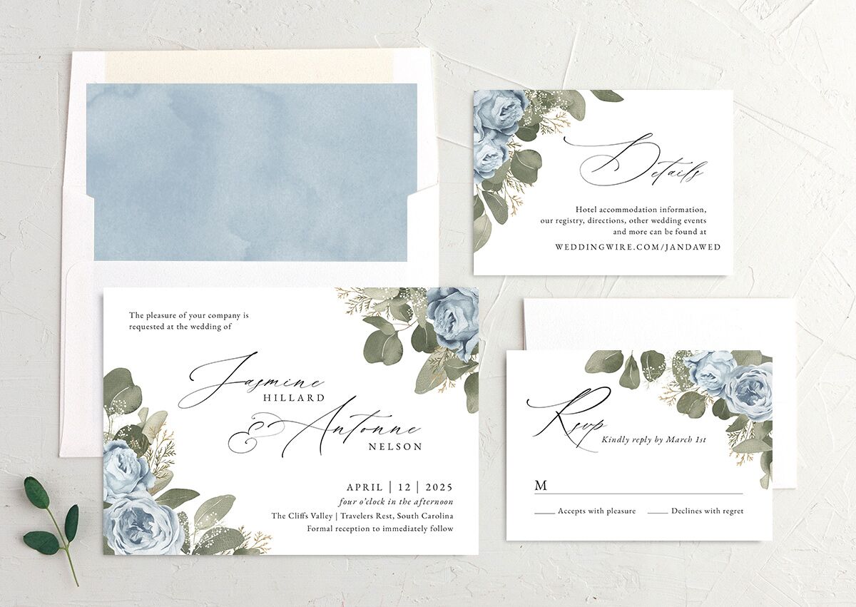 Vibrant Roses Wedding Invitations suite in French Blue