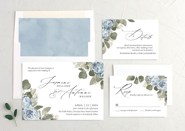 Vibrant Roses Wedding Invitations suite in French Blue