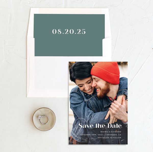 Midcentury Chic Save the Date Cards envelope-and-liner in Turquoise