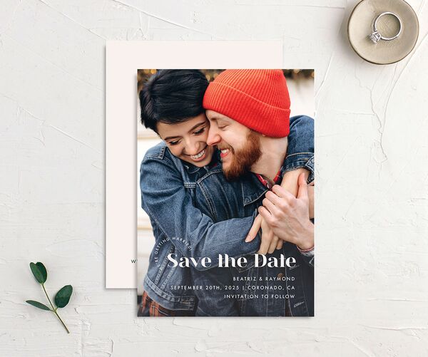 Midcentury Chic Save the Date Cards front-and-back in Teal