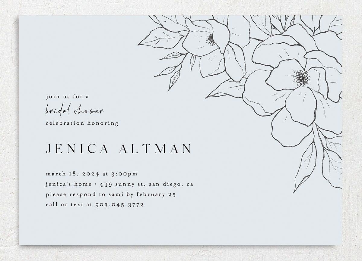 Etched Blossoms Bridal Shower Invitations front in French Blue