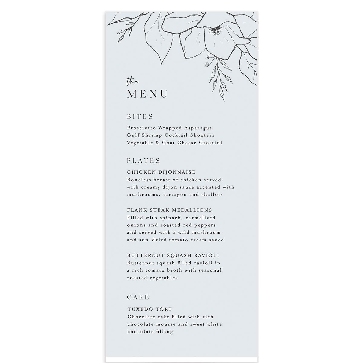 Etched Blossoms Menus front in Blue