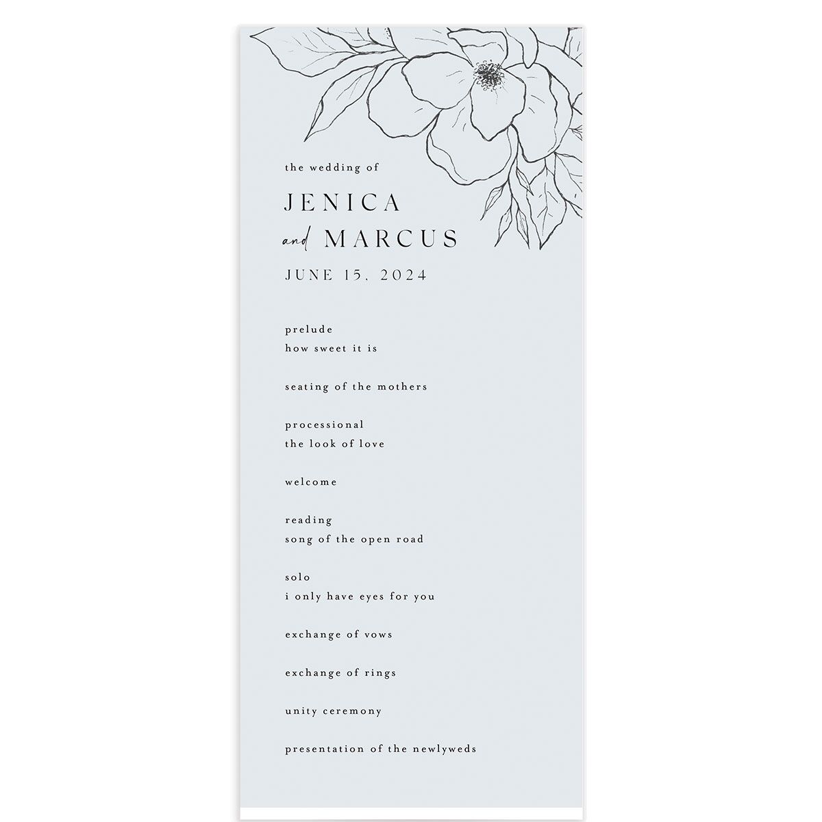 Etched Blossoms Wedding Programs front in French Blue