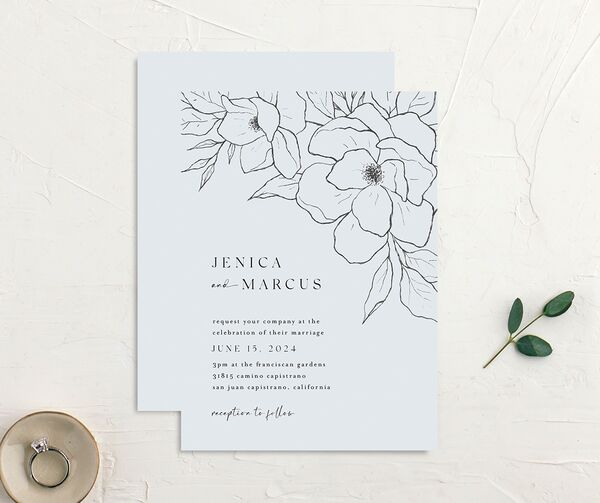 Etched Blossoms Wedding Invitations front-and-back in French Blue