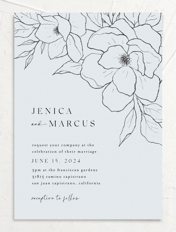 Etched Blossoms Wedding Invitations front in French Blue