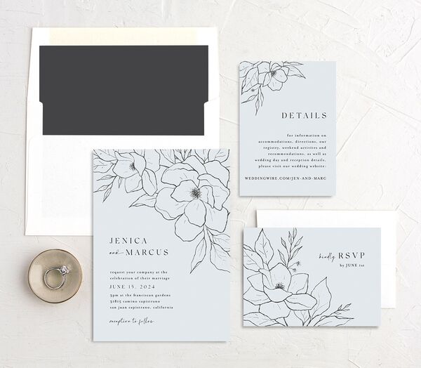 Etched Blossoms Wedding Invitations suite in French Blue