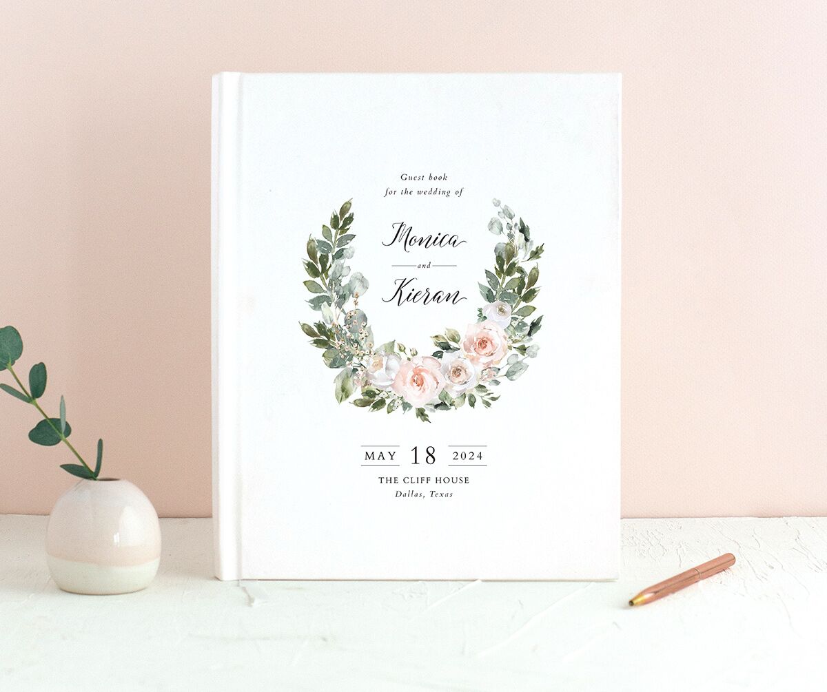 Blissful Garland Wedding Guest Book front in Rose Pink
