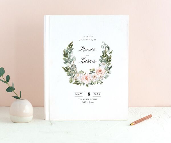 Blissful Garland Wedding Guest Book front in Rose Pink