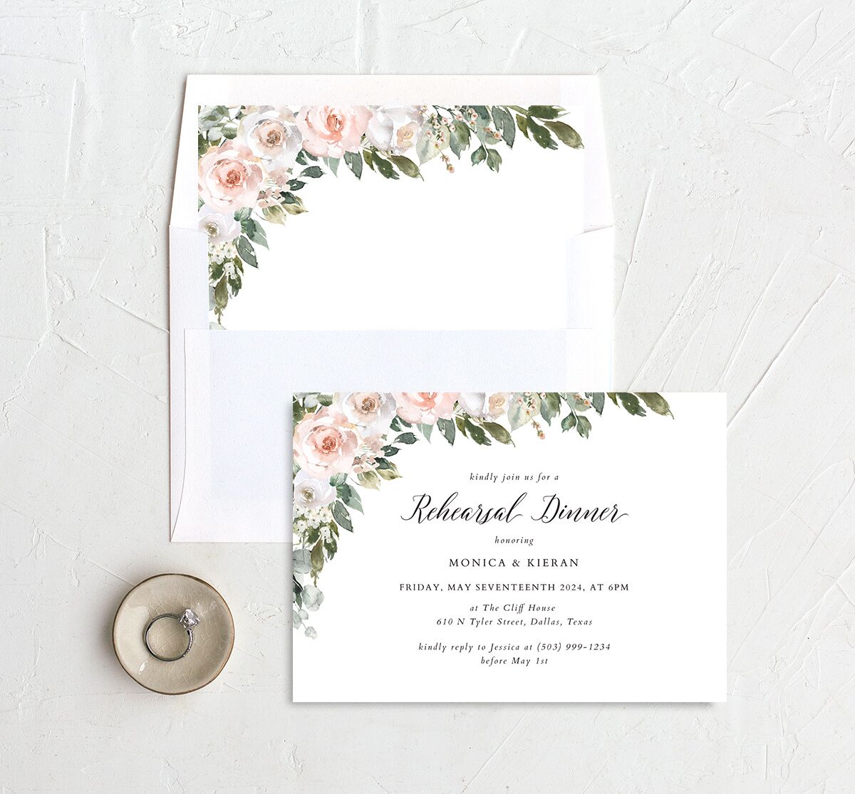 Blissful Garland Rehearsal Dinner Invitations envelope-and-liner in Rose Pink