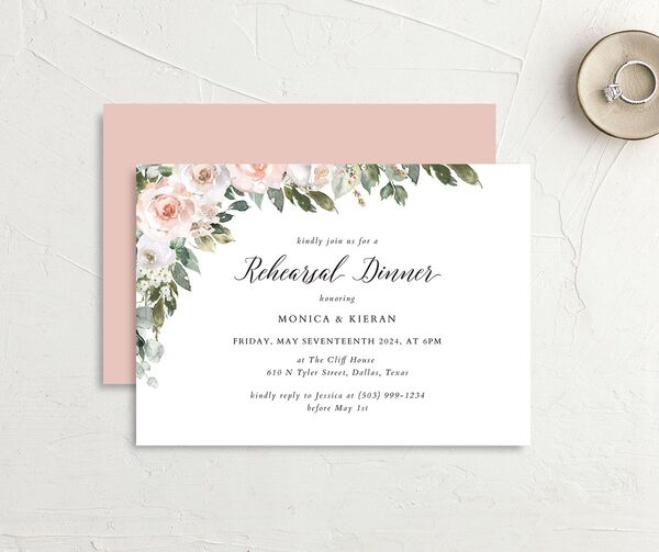 Blissful Garland Rehearsal Dinner Invitations front-and-back in Pink