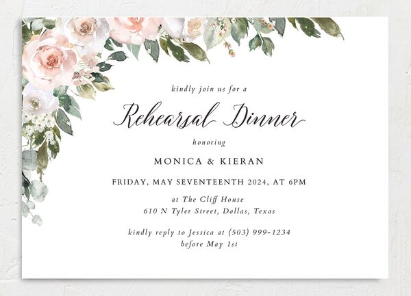 Blissful Garland Rehearsal Dinner Invitations front in Pink