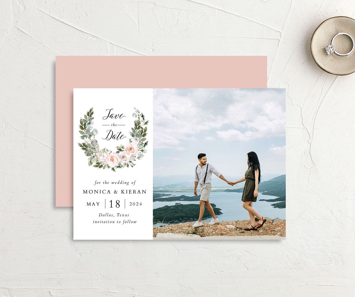 Blissful Garland Save the Date Cards front-and-back in Rose Pink