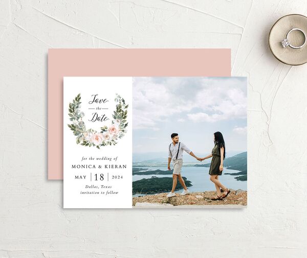 Blissful Garland Save the Date Cards front-and-back in Pink